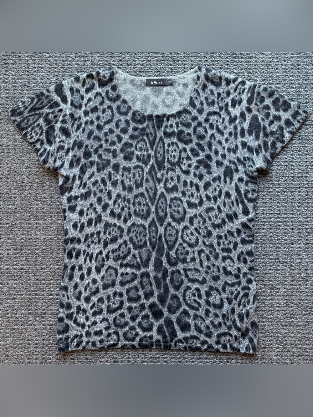 Pure Amici Grey Leopard Print Cashmere Knit Top Medium Cap Sleeves